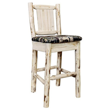 Montana Woodworks 30" Wood Barstool with Back and Wolf Design in Natural