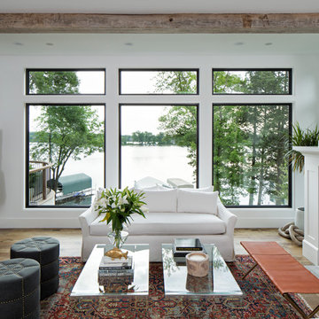 Single Weathered Antique Box Beam in a Contemporary Lake Home