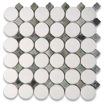 Thassos White Marble Round Mosaic Tile Sagano Vibrant Green Dots Honed, 1 sheet