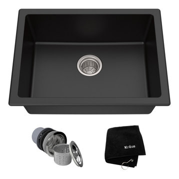 24" Drop-In Undermount Granite Composite Single Bowl Kitchen Sink, Black