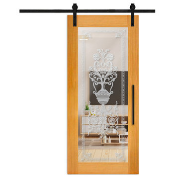 Real Solid Hardwood Sliding Door With Mirror Insert + Frosted Design, 30"x84", R