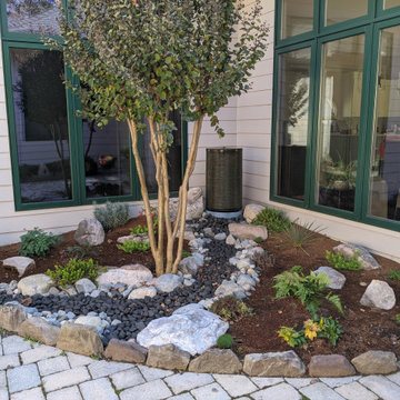 Courtyard Corner Design - Water Feature, Dry Stream, and Boulders