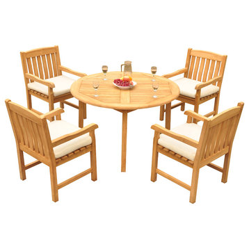 5-Piece Outdoor Patio Teak Dining Set, 48" Round Table, 4 Devon Arm Chairs