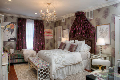 Large transitional dark wood floor and brown floor bedroom photo in Philadelphia with gray walls