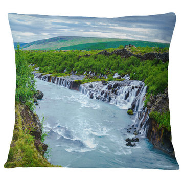 Hraunfossar Waterfall Iceland Modern Landscape Printed Throw Pillow, 18"x18"