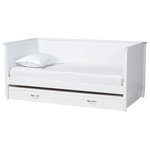 Wholesale Interiors - Viva Classic White Finished Wood Full Size Daybed with Roll-Out Trundle - Inject the timeless charm of traditional craftsmanship to your bedroom with the exquisite beauty of the Viva daybed. Made in Malaysia, this lovely piece is crafted from sturdy wood and includes a roll-out trundle to easily accommodate overnight guests. Raised borders accented with inset paneling create a haven of comfort perfect for lounging. The Viva requires assembly and utilizes wood slats for mattress support, eliminating the need for a box spring. Tapered legs add a sleek touch to the broad silhouette, making the Viva daybed a delightful addition to any bedroom space.