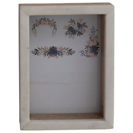 Marble and Wood Shadow Box Photo Frame, White and Natural