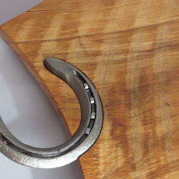 Tray #18012-DETAIL Reclaimed Beech, Circular Saw marks, Horse Shoe Handles - Serving Trays