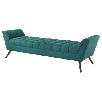 Retro Modern Upholstered Bench, Button Tufted Seat With Angled Arms, Teal 74"