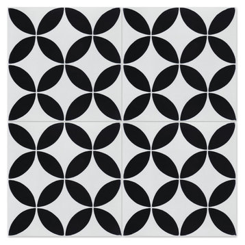 8"x8" Circulos B Black and White Morning, Handcrafted Cement Tiles, Set of 16