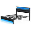 Full/Queen/King Bed Frame with Charging Station and LED Lights, Gray, King