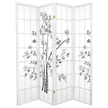 Tall Room Divider, Tall Design With Bamboo Painting Rice Paper Panels, White