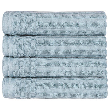 4 Piece Checkered Border Cotton Hand Towel Set, Slate Blue