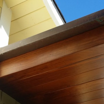 Aged Copper Box Gutter, 1 Year After Install, Brown Red,Green Patina. Venice CA.