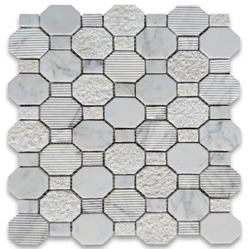 Carrara White Marble Stella Octagon Regency Multi Finish Textured Tile, 1 sheet