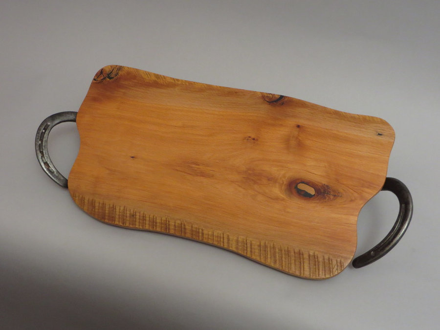#1408 Reclaimed Beech Cut & Serve Tray with HorseShoe Handles 21"x10"