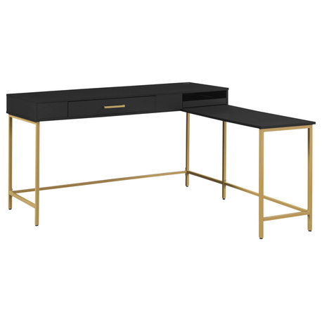 Modern Life L-Desk With Charger and Drawer, Black