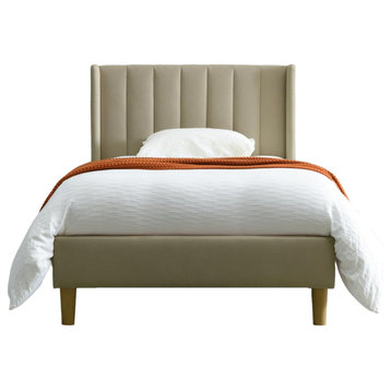 Modern Platform Bed, Flannel Upholstered Wingback Headboard, Beige/Twin