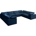 Meridian Furniture - Plush Velvet / Down Standard Comfort 8-Piece U-Shaped Modular Sectional, Navy - No matter how big or little the size of your gang, they can all find their sweet spot when you choose pieces from the Plush collection to build your ideal seating group. Choose this eight-piece set or pair multiple pieces together to get the custom look everyone will love. The soft navy velvet material is soft and welcoming to the touch, and the set's cushions are overstuffed with a down and feather blend to provide ample support for tired bodies.