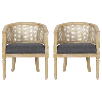 Velie French Country Wood and Cane Accent Chairs, Set of 2, Charcoal + Natural