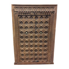 Mogul Interior - Consigned Antique Indian Floral Carved Window Frame Double Door Wooden Jharokha - Accent Chests And Cabinets