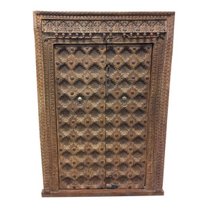 Mogul Interior - Consigned Antique Indian Floral Carved Window Frame Double Door Wooden Jharokha - Accent Chests And Cabinets