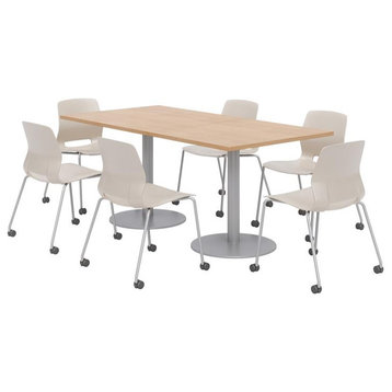 36 x 72" Table - 6 Lola Moonbeam Caster Chairs - Maple Top - Silver Base
