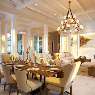 Large tropical open plan dining in Other with beige walls and beige floor.