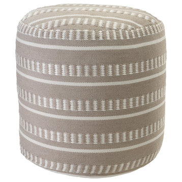 Dash and Stripe Geometric Indoor Outdoor Pouf, Taupe/White