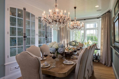 Small light wood floor, brown floor and shiplap ceiling enclosed dining room photo in Tampa with green walls and no fireplace