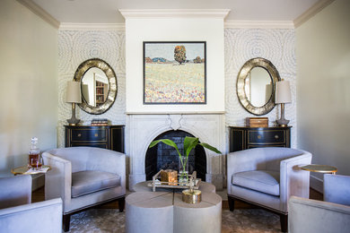 Transitional formal and enclosed dark wood floor living room photo in Nashville with white walls, a standard fireplace, a concrete fireplace and no tv