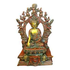 Mogul Inteior - Brass Statue of Meditating Buddha Collectible Figurine Buddhism Statues - Decorative Objects And Figurines