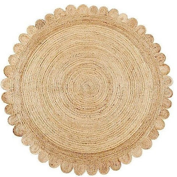 Farmhouse Area Rug, Unique Round Design With Scalloped Rounded Accents, 7'