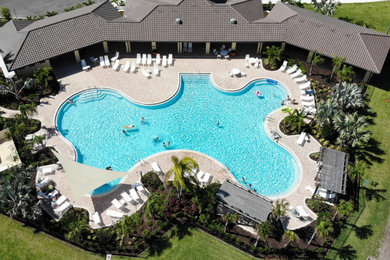 Imagen de casa de la piscina y piscina natural exótica extra grande a medida en patio trasero con entablado