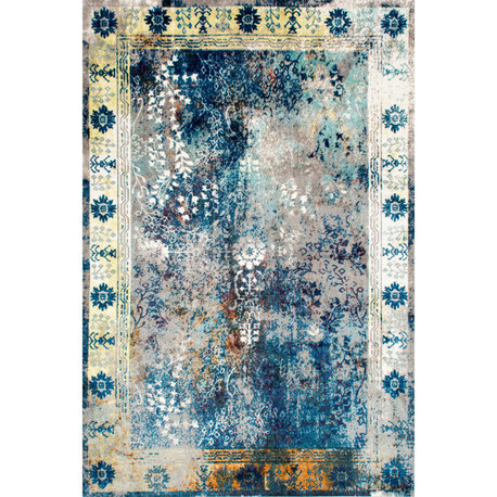 Nuloom Machine Made Traditional Vintage Bohemian Bleached Frame Rug, Blue 8'x10'