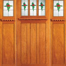 3-Lite Stained Glass, Mission Style, Mahogany Door and Two Sidelites - Front Doors