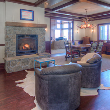 Moss Rock Fireplace with Reclaimed Rustic Oak Mantel