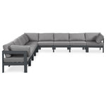 Meridian Furniture - Nizuc Water Resistant Patio L-Shaped Modular Sectional, Gray, 9-Piece: 6 Armless Chair, 3 Corner Chair, Dark Gray Aluminum Frame - Pick and choose your favorites from the Nizuc collection to create a modular seating group the whole gang will enjoy. The sturdy aluminum frame provides dependable support for friends and family as they relax and unwind, and the resilient grey water resistant fabric stands up to the elements without losing its beautiful demeanor, so you can count on it lasting for the long haul. Latches beneath these seating pieces help you easily attach them to one another for convenient setup.