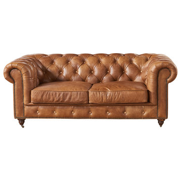 Leather Chesterfield Love Seat, Light Brown