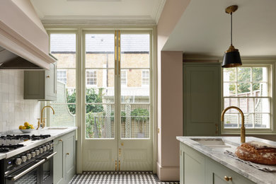 Design ideas for a large victorian grey and pink galley enclosed kitchen in London with a single-bowl sink, beaded cabinets, grey cabinets, marble worktops, grey splashback, marble splashback, coloured appliances, porcelain flooring, an island, multi-coloured floors and grey worktops.