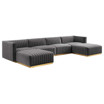 Conjure Channel Tufted Velvet 6-Piece Sectional, Gold Gray