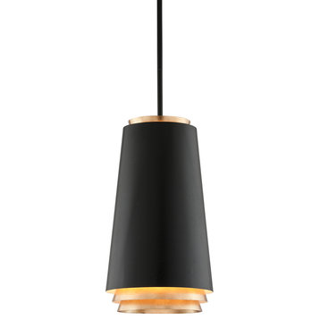 Fahrenheit LED Pendant- Textured Black With Gold Leaf Accents, 12.5"