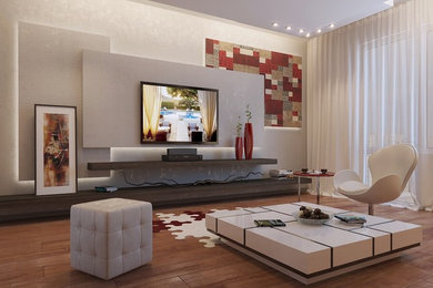 Стильный дизайн: гостиная комната в современном стиле с светлым паркетным полом - последний тренд