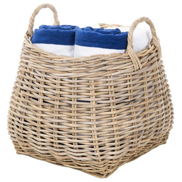 Kobo Round Rattan Belly Basket with Ear Handles, Gray-Brown
