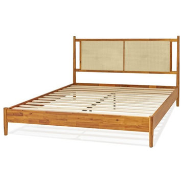 Modern Platform Bed, Sturdy Acacia Frame With Rattan Headboard, Caramel, King
