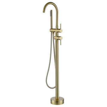 Luxury Double Handle Freestanding Tub Filler with Handshower, Brushed Gold