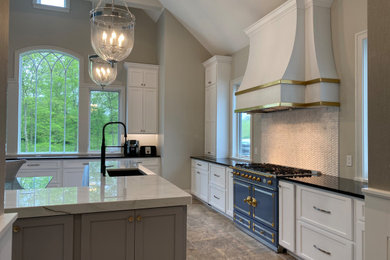 Large french country eat-in kitchen photo in Other with beaded inset cabinets, white cabinets, quartzite countertops, white backsplash, marble backsplash, an island and white countertops