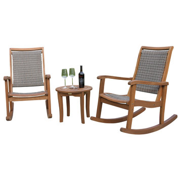 3-Piece Eucalyptus/Driftwood Gray Wicker Rocking Chair Set, Round Accent Table