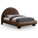 Meridian Furniture - Madrid Upholstered Bed, Brown, King, Velvet - Transform your bedroom with the bold and sophisticated charm of the Madrid brown velvet upholstered king bed. Inspired by classic Art Deco design, this bed showcases a striking arched headboard and rounded edges for a unique, sculptural look. The luxurious velvet upholstery adds a layer of softness and warmth, making it a stunning centerpiece that combines artful design with everyday comfort.