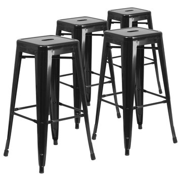 30" High Backless Black Indoor/Outdoor Barstools With Square Seat, Set of 4